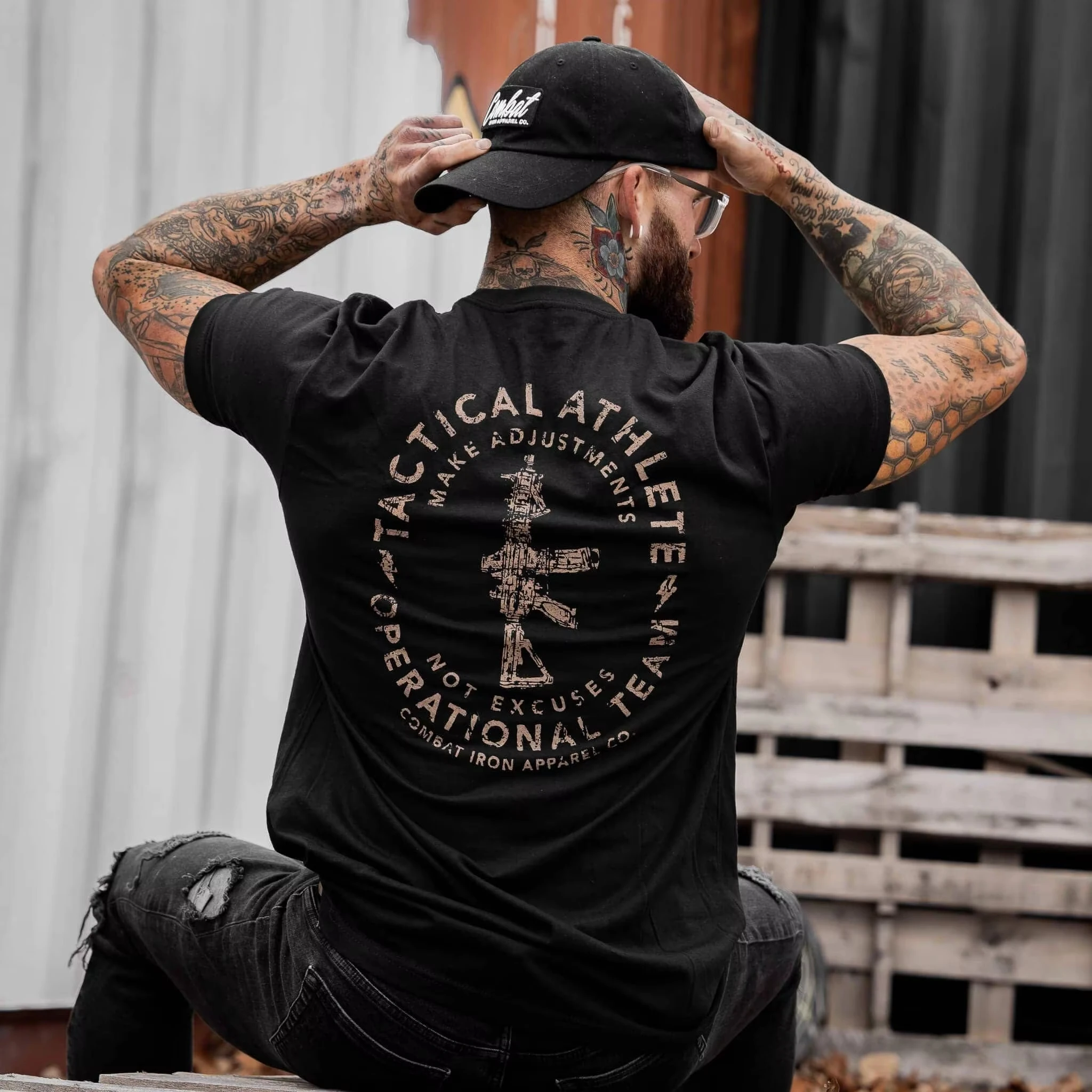 Vintage Distressed Tactical Rifle Circular Badge Graphic T‑Shirt Tactical Athlete Inspirational Slogan Print Unisex Hard‑core