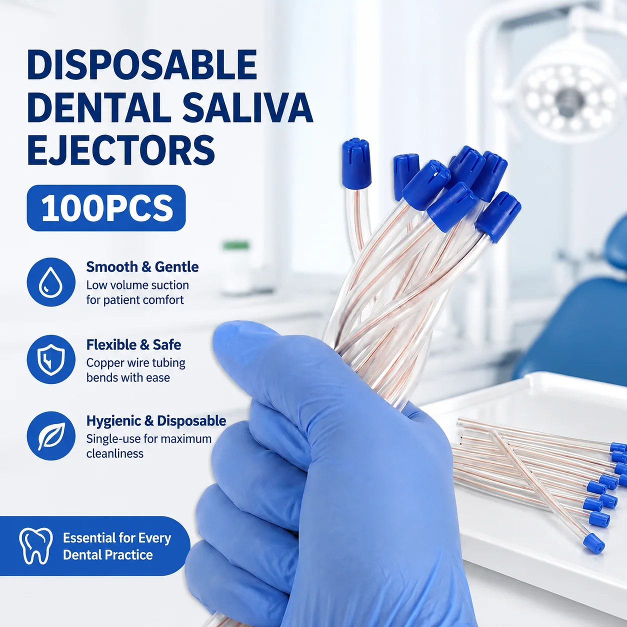 100Pcs Disposable Dental Saliva Ejectors, Flexible Copper Wire Aspirator Tips, Smooth Low Volume Suction Tubes for Dentist