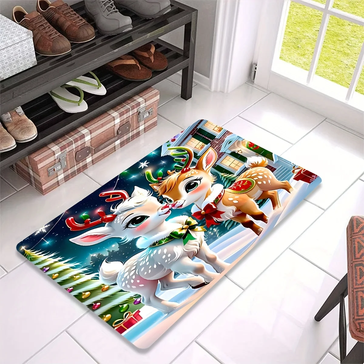 1pc Christmas Reindeer Pattern Rug, Living Room Bedroom Home Decor Area Rug, Ultra-Comfortable Polyester Carpet, Machine Washa