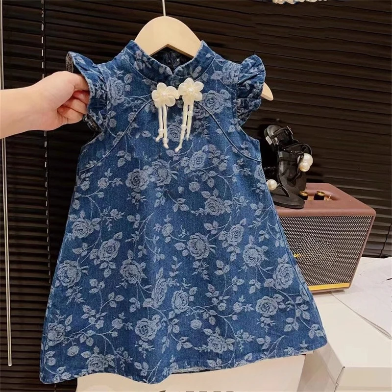 Denim Kids Dresses for Girls Summer Chinese Style Princess Cheongsam Cute Cowboy Jacquard Child Clothes Flower Girl Dress Qipao