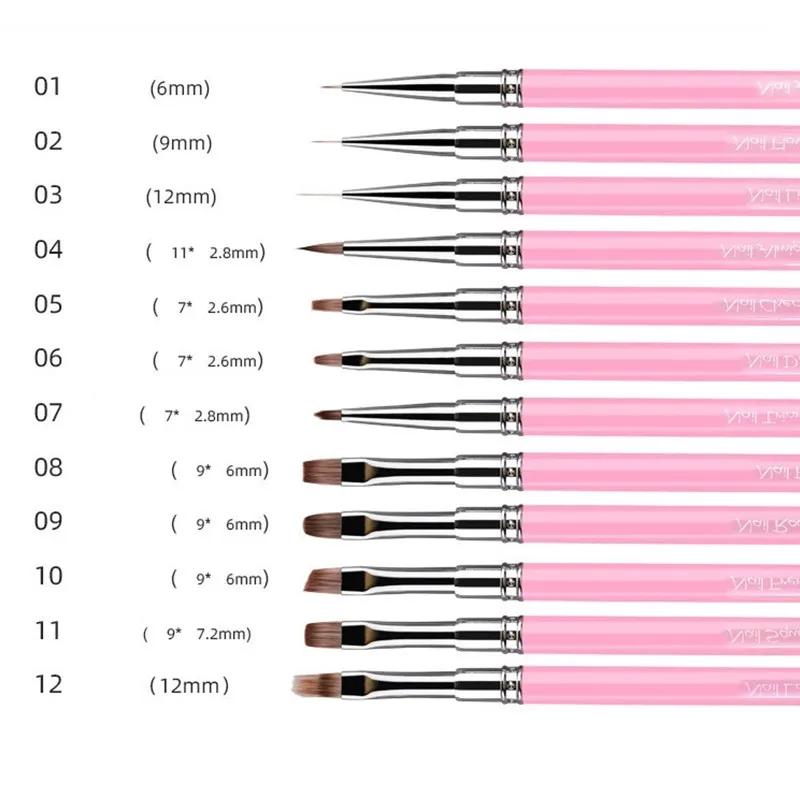 1/12PCS Roze Acryl Handvat Nail Art Brush Driehoekige Tekening Schilderen Lijn Pen Liner Franse Manicure Gereedschap