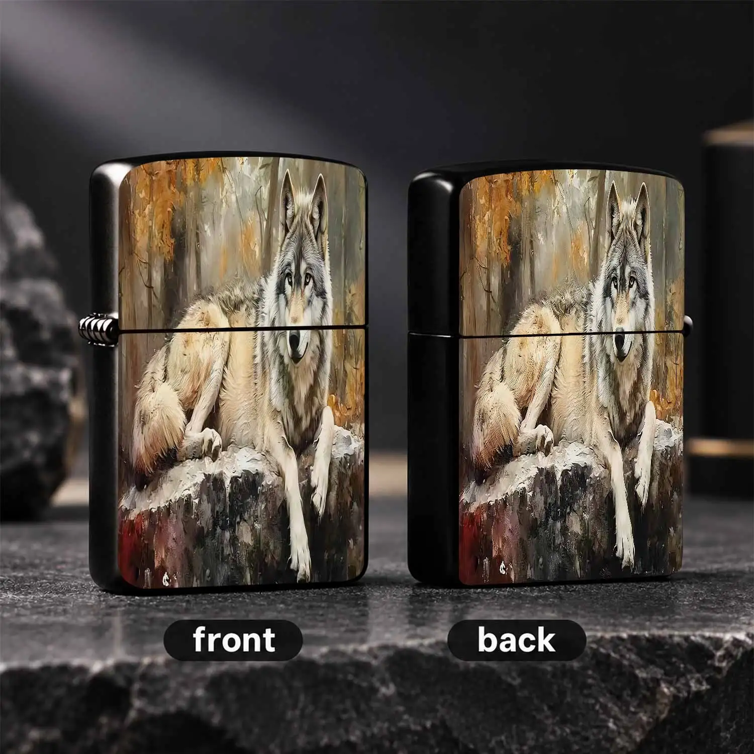 Vintage Art Print Lighter With Resting Gray Wolf In Autumn Forest Pattern, Exquisite Portable Practical Daily Carry Item For Outdoor Travel Home Use, Unique Decorative Creative Gift For Friends Family For All Scenes A Humorous And Interesti