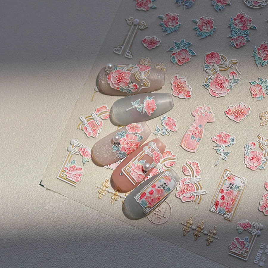 Pegatinas de Arte de uñas de flores rosas Kawaii, 5D, 1 piezas, dibujos animados, estilos chinos, peonía, Qipao, calcomanías autoadhesivas, accesorios de decoración de uñas
