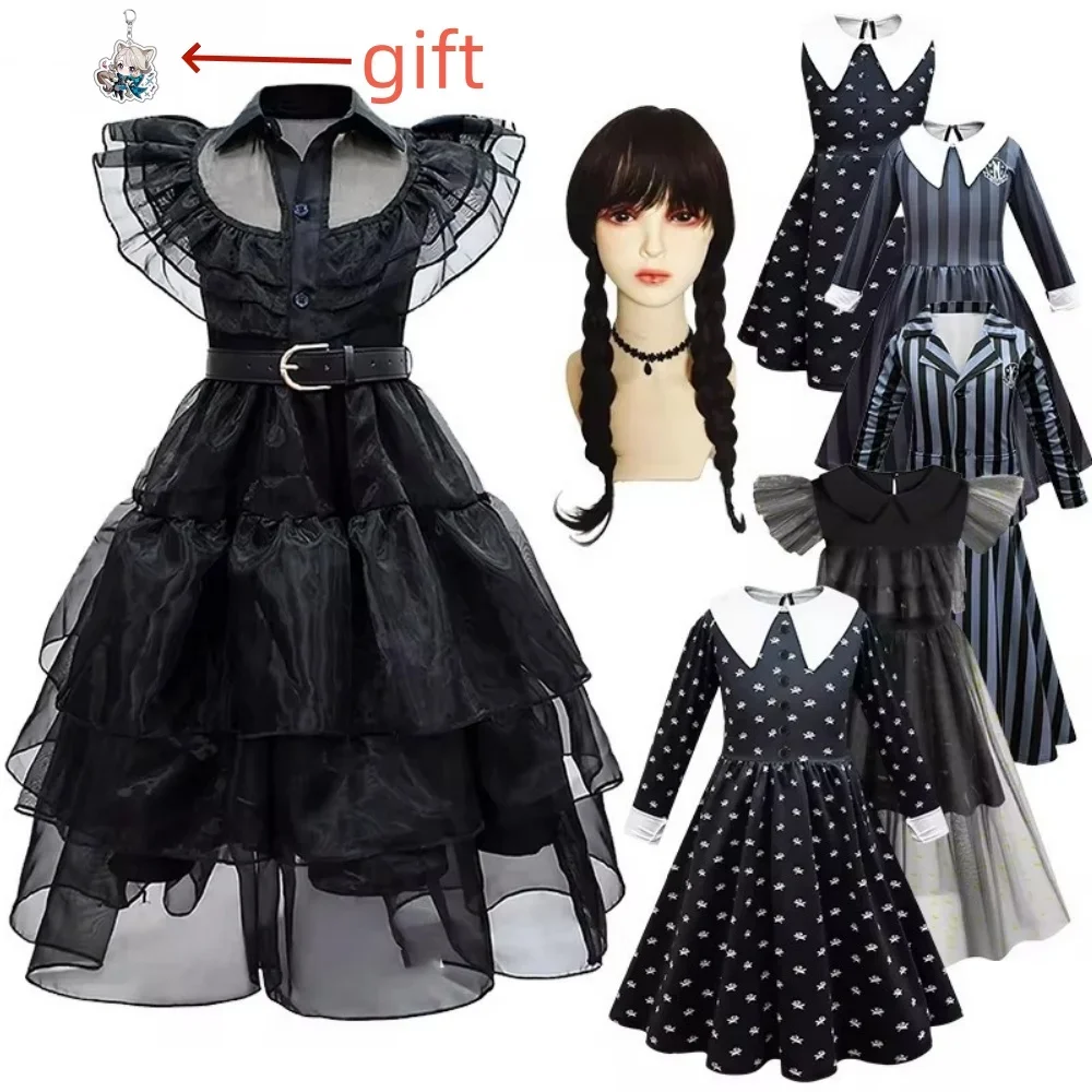 

Wednesday Addam Dress for Long Sleeve Fantasy Spring Autumn Print Black Dress Halloween Cosplay Costume for Kids