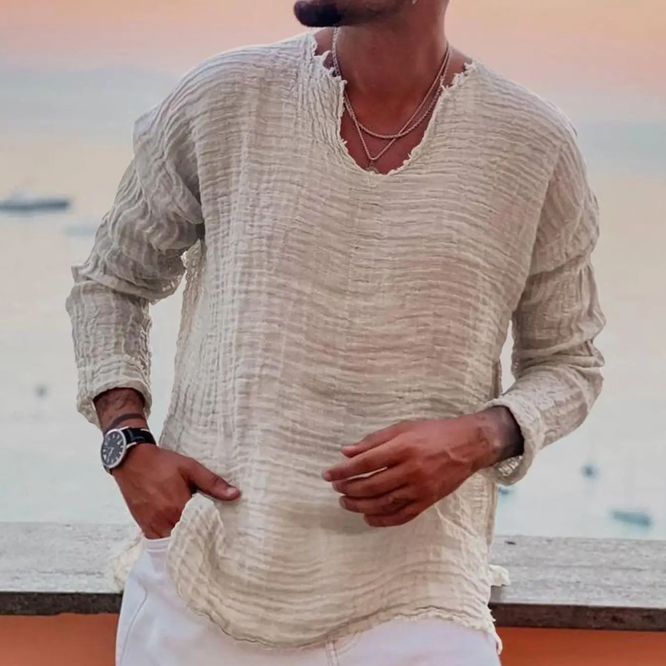 

Men's Long Sleeve V-Neck T-Shirt Worn out Style Casual Comfortable Cotton Polyester Blend Durable Straight Fit Full Length