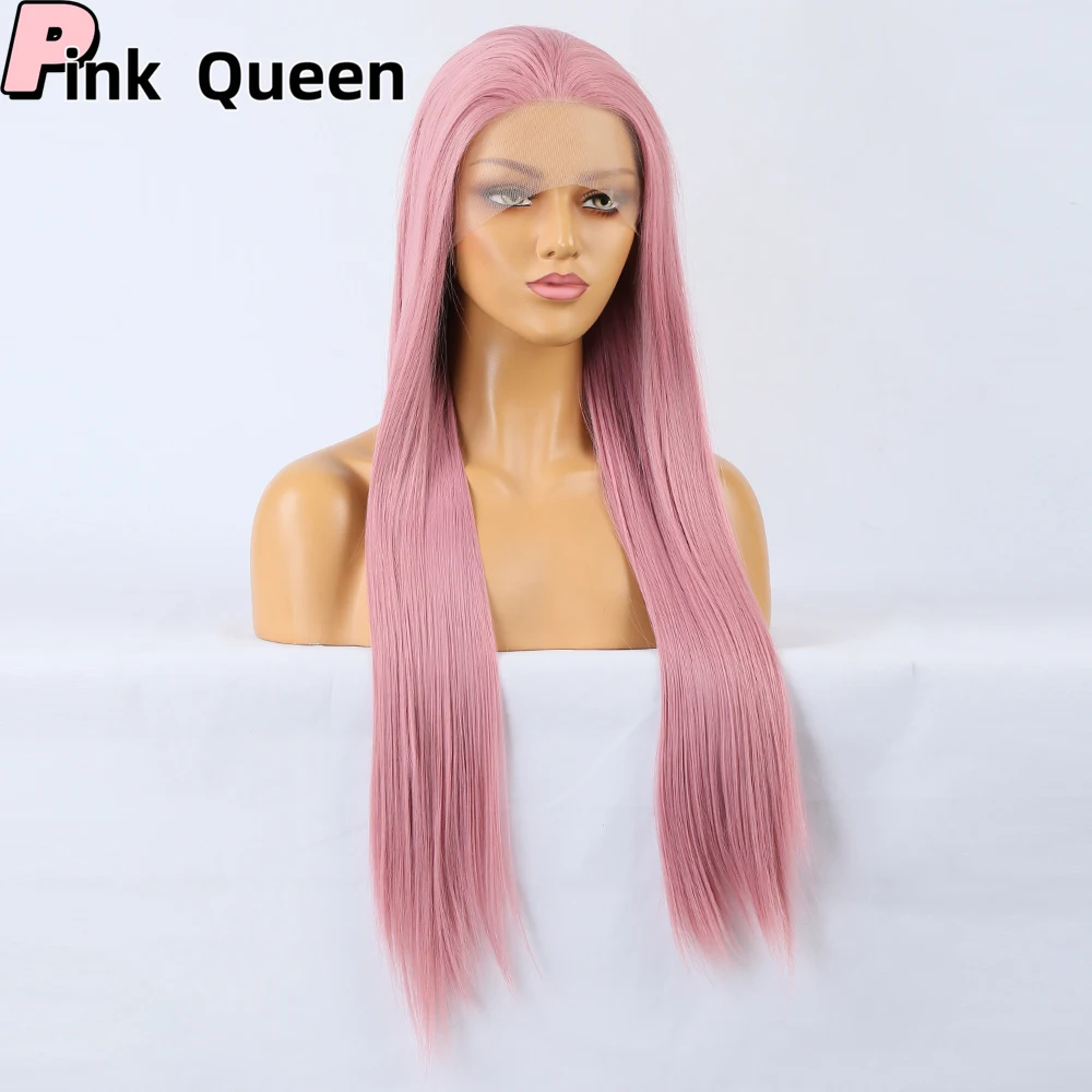 Matte synthetic lace front wig pink chemical fiber long straight hair frontal lace wig cosplay party celebrity hairpiece