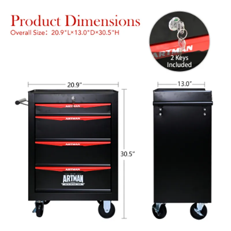 Tool BoxHeavy Duty Rolling Tool Cabinet with 4 Drawers Steel Storage on Wheels