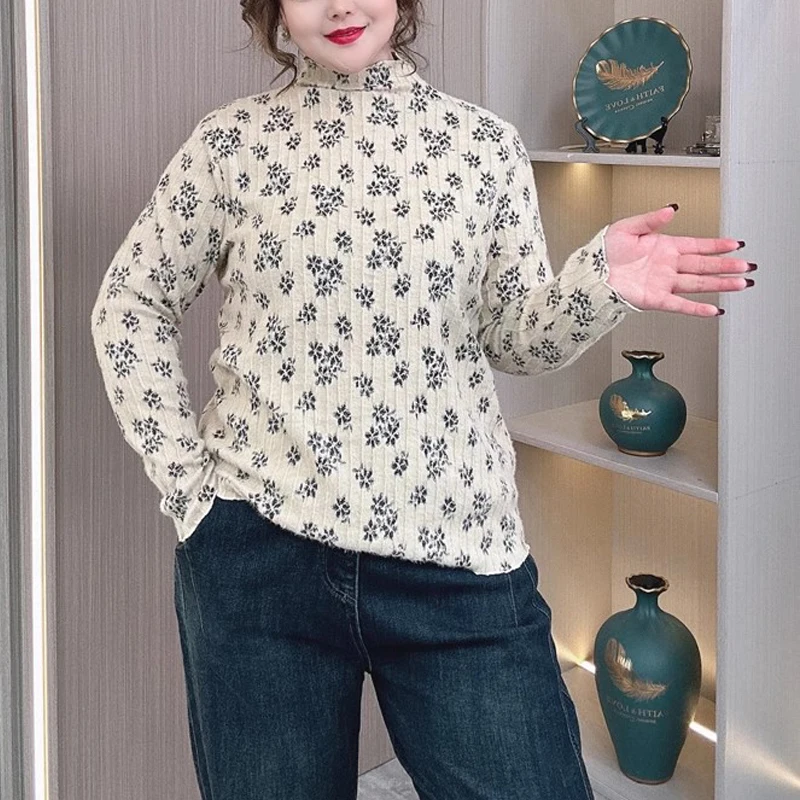 Plus size bloco de cores jacquard meia alta pescoço topo feminino casual chique primavera outono nova chegada design exclusivo
