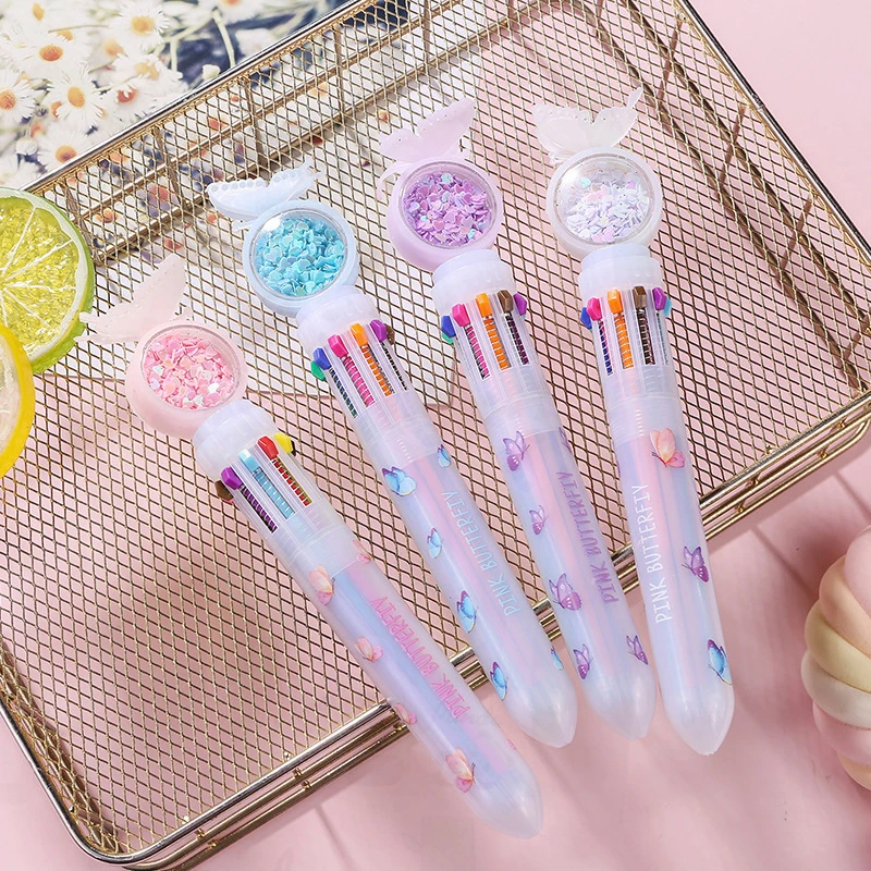 30 Pcs Wholesale Girl Heart Press Sequin Multi Color Ballpoint Pens Transparent Color Handbook Marking Pen School Supplies