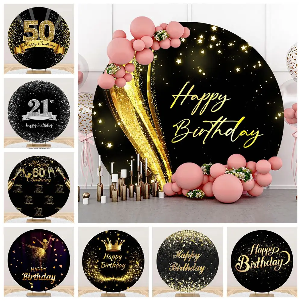 Customize Round Backdrop Cover Black Gold Glitter Girl Boy Adult Birthday Party Circle Photography Background Photo Studio Props