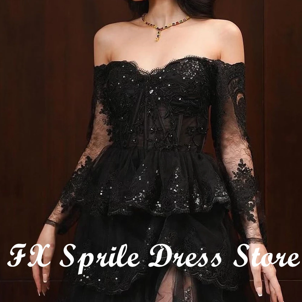 Robe de soirée en tulle noir scintillant, appliques en dentelle, paillettes, robe de Rhformelle, robes de princesse, fête de mariage, 2024