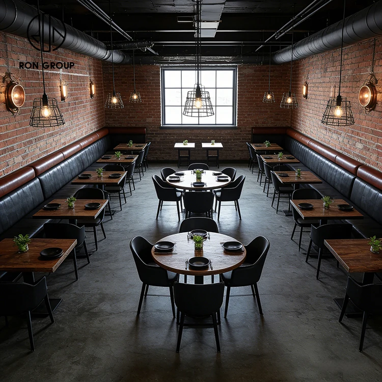 Ron Group Industrial Furniture Set High Back Tufted Black Booth Seating Ergonomic Leather Chair Square Wood Table For Restaurant