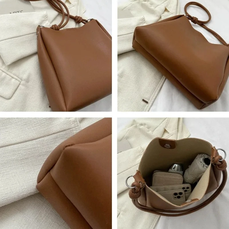 Koreanische Version der Pendler-Tasche mit großer Kapazität für Damen, Leder-Umhängetasche für Frauen, einfarbige Tragetaschen – Detail 6