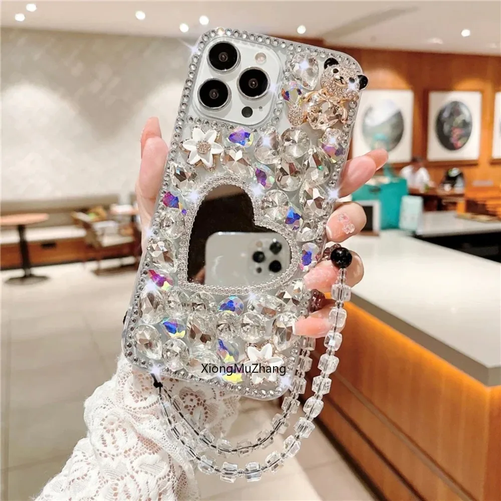 3D Bear Diamond Mirror Hand Strap Custom Case for Samsung S9 Plus S8 Plus S7 Edge for Galaxy Note 20 Ultra 10 Pro 10 Lite 9 8