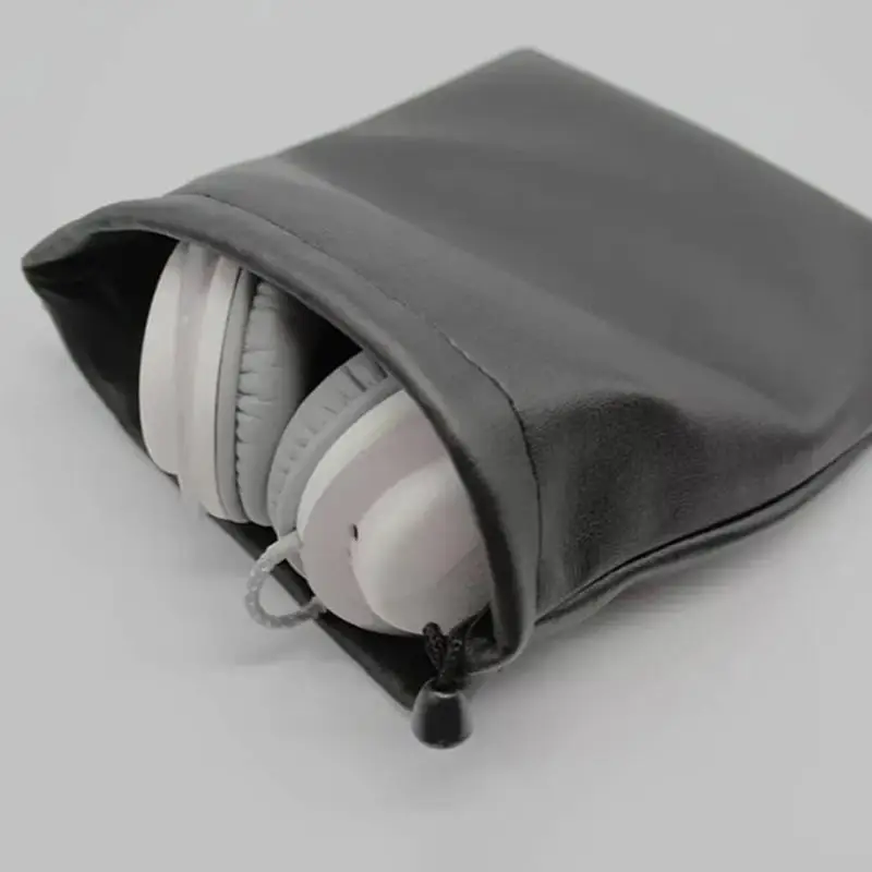 Draw String Bag Headphone Bags Durable Black Dust-proof Drawstring Bag PU Leather Headset Bag Durable Multi Purpose Storage