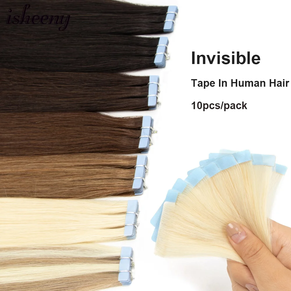 

Isheeny Invisible Tape In Hair Extensions 22" PU Skin Weft Tape Hair 10pcs/pack Natural Straight Machine Remy Human Hair