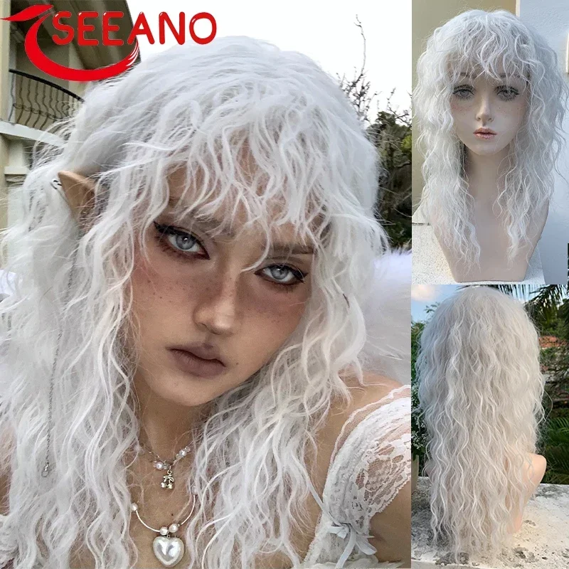 SEEANO Synthetic Cosplay Wig Long Curly With Bangs White Wig Pure White Wool Roll Lolita Women Halloween Cosplay Wig Female U