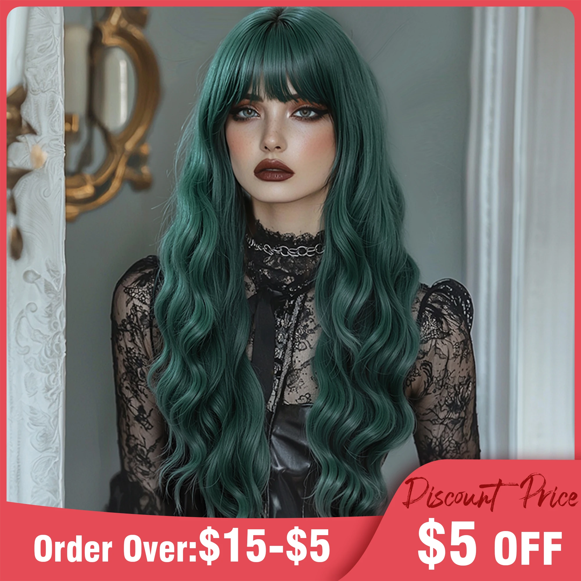 Long Curly Dark Green Hair Wig With Bangs 28inch Water Wavy Green Synthetic Wig For Women Multicolor Cosplay Party Christmas Wig