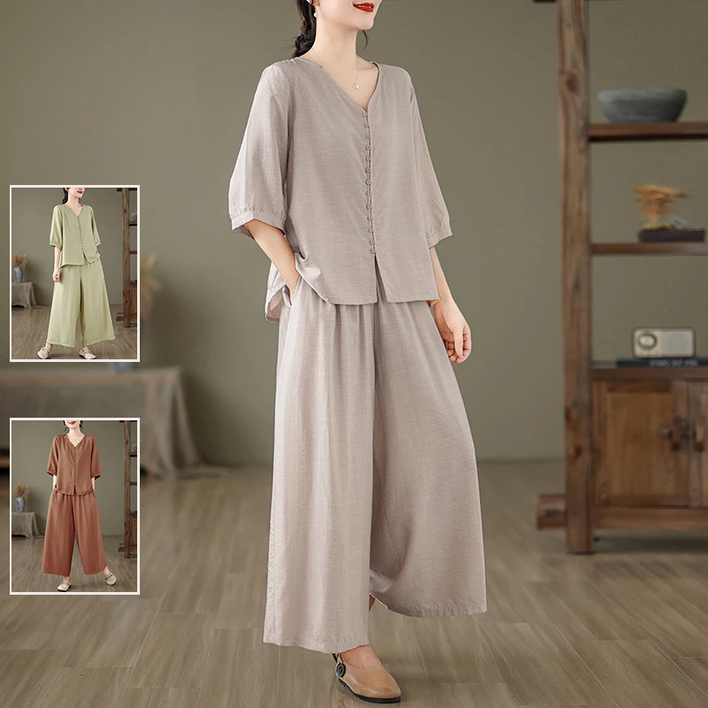 

Faionable Свободный летний комплект, женский легкий тонкий V-Ne f Sve irt, повседневные широкие брюки, модный комплект из двух предметов