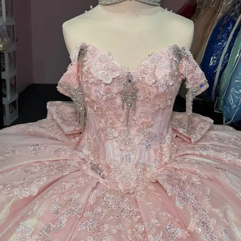 

Pink Off Shoulder Quinceanera Dress Tull glitter decal crystal Beadwork Bow vestidos de 15 Quinceanera ﻿Customized