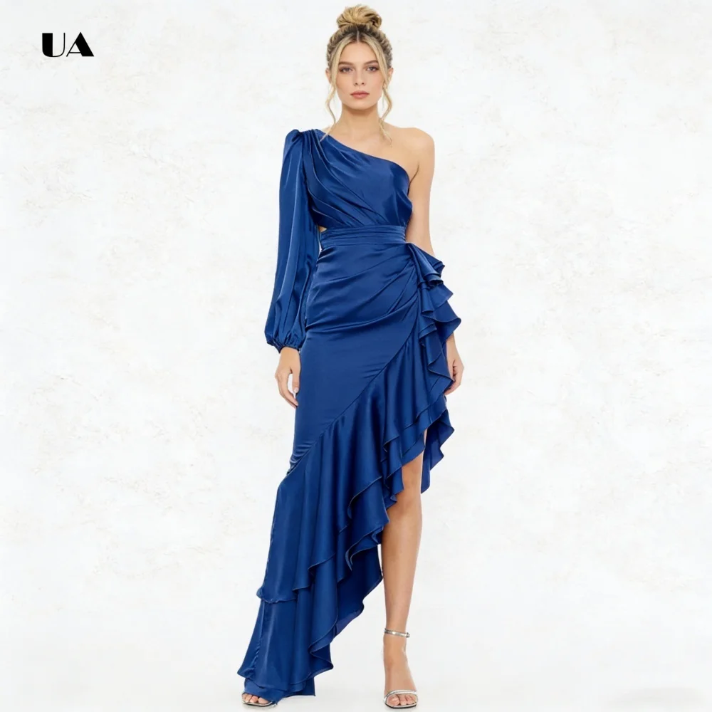 فستان حفلة موسيقية مكشكش غير متماثل مع كتف واحد، فستان سهرة ثنيات من الساتان الصلب، فستان حفلة مخصص