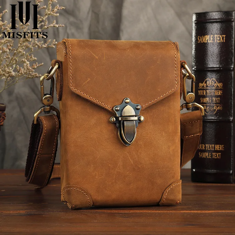 Real leather men's waist bag retro crazy horse leather shoulder bag casual wear belt large capacity high-grade small hanging bag