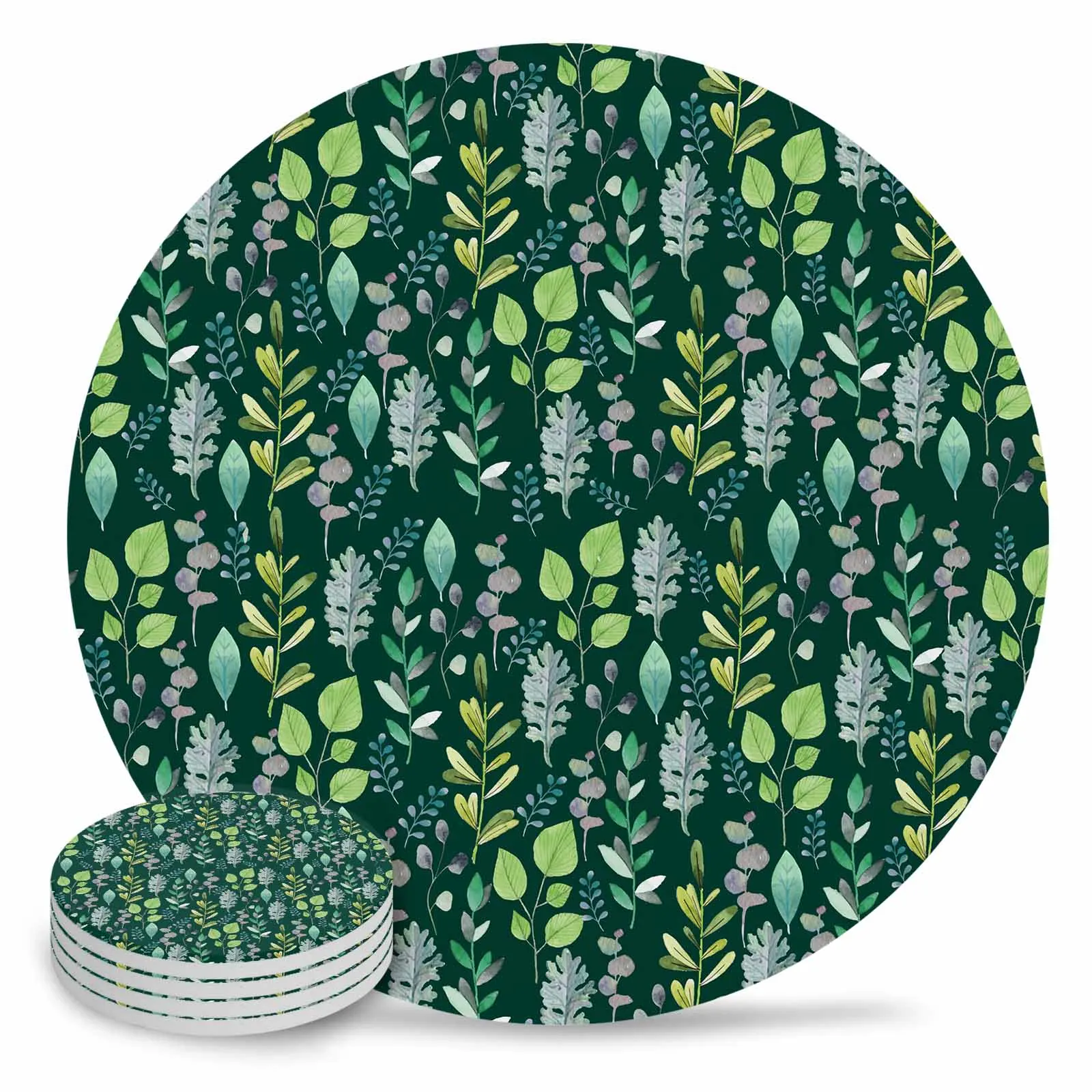 Plant Green Leaf Eucalyptus Round Coaster Coffee Table Mats Kitchen Accessories Absorbent Ceramic Coasters