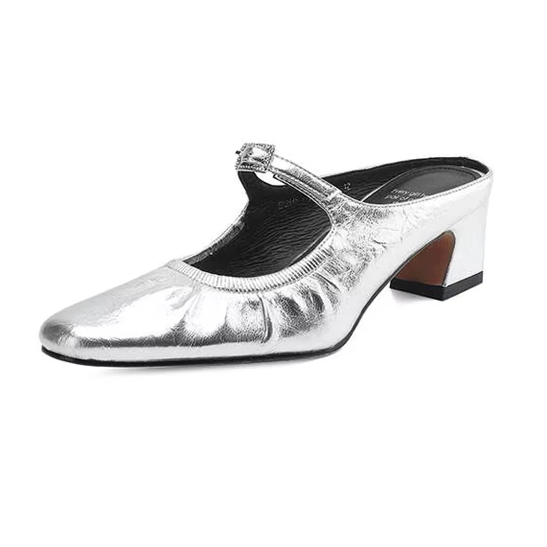 

Krazing Pot Мюли из овчины с круглым носком на толстом среднем каблуке, летние сандалии серебряного цвета без шнуровки с металлическими пуговицами, женские шикарные туфли-лодочки на мелком каблуке