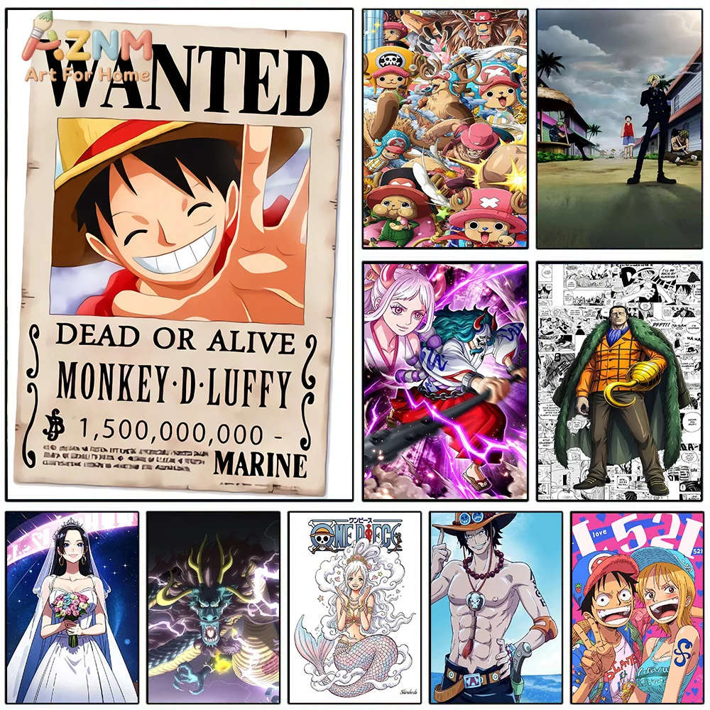 AZNM One Piece Anime Canvas Wall Art Luffy Wanted Poster Chopper Yamato Crocodile Boa Hancock Ace HD Print Frameless Painting Ja