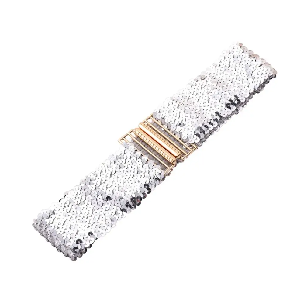60cm Elastic Sequin Stretch Belt Eye Catching Versatile Shinny Waistband Professional Gold Buckle Disc Women's Belt Dresses