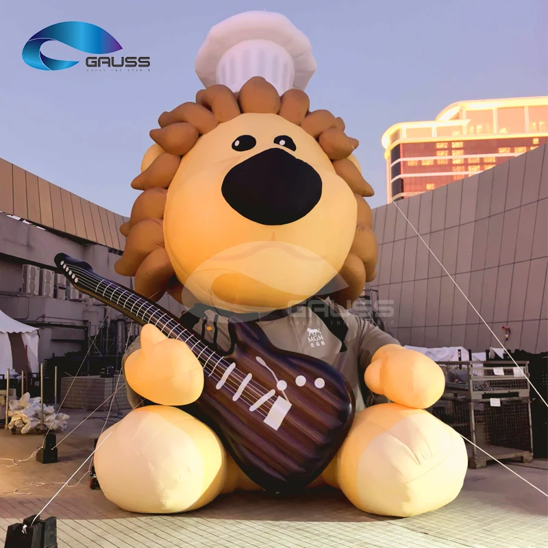 6m Customized Giant Inflatable Lion Mascot Guitar Chef Hat UV Printed Electric Air Pump for Outdoor Events Music Festivals