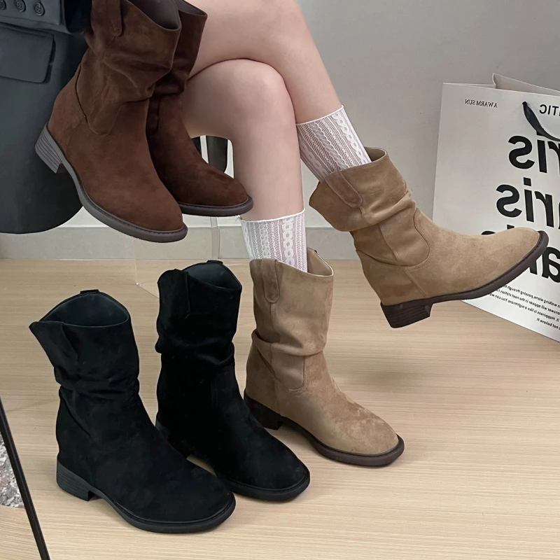 Autumn Fashion High Quality Round Head Vintage Ankle Boots Suede Low Heel Women Warm Knight Slip on Party Boots Women