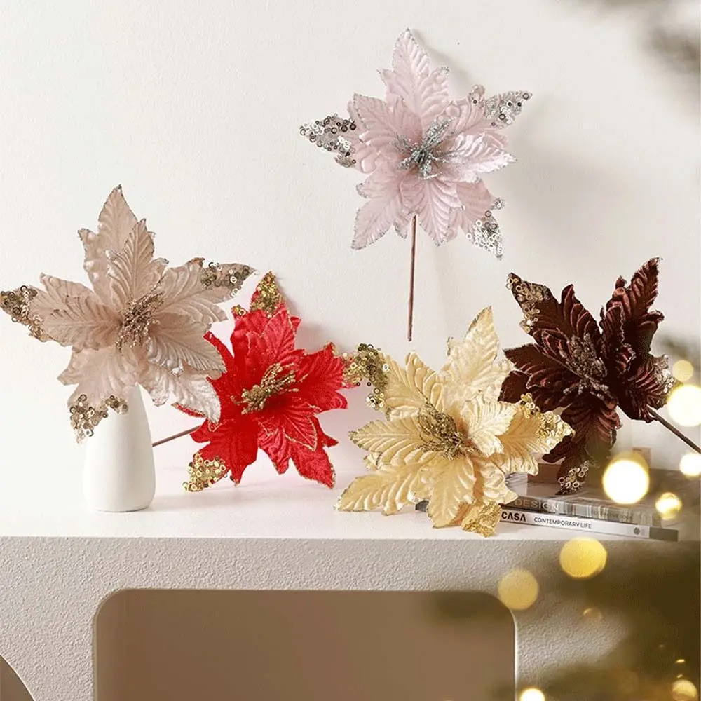 

25cm Christmas Poinsettia Glitter Flower Sequins Flocking Simulated Flower Head Realistic Large Christmas Tree Ornaments
