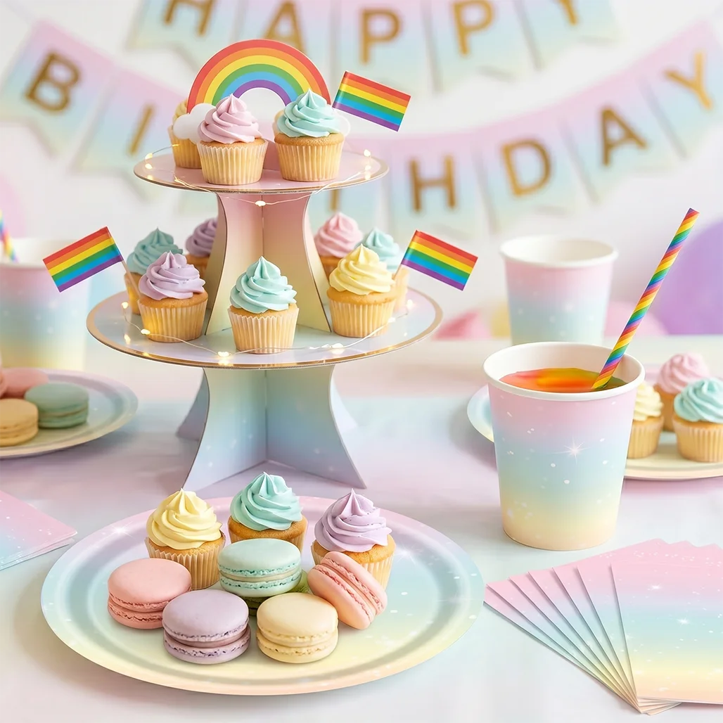 Pastellfarbenes Regenbogen-Party-Set Einweg-Tischgeschirr Sternenverlauf Pappteller Becher Servietten für Kindergeburtstag Babyparty – Detail 3