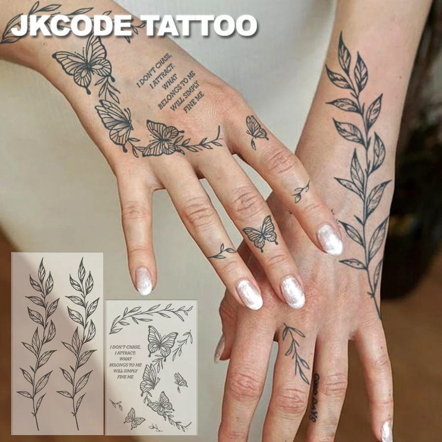 2er-Pack Semi-permanente Tattoos, Schmetterlinge und Blätter Temporäre Tattoos, Wasserfest, Botanisch, Finger-Tattoos, Hält 1-2 Wochen