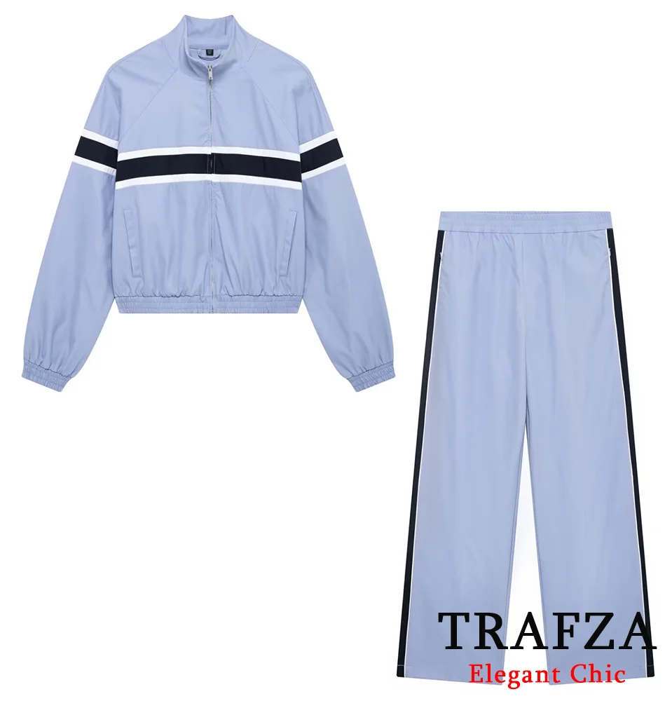 

TRAFZA Women Casual Blue Striped Pants Set Stand Collar Jacket Elastic Waist Pants Coord Set New 2025 Spring Sporty Style Set