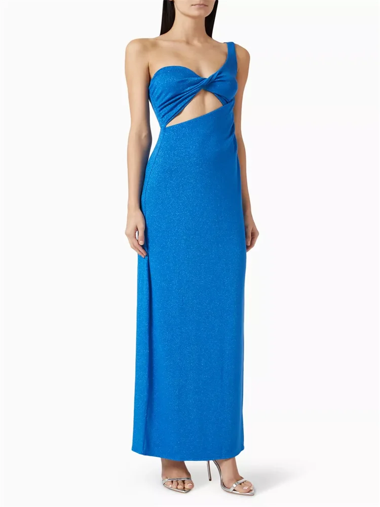 ชุดเดรสยาว Blue Arrecife ที่กําหนดเอง, เสื้อคอหวานไหล่เดียว, ดีไซน์คัตเอาท์ด้านหน้าแบบบิด, ชุดราตรีผ่าข้าง