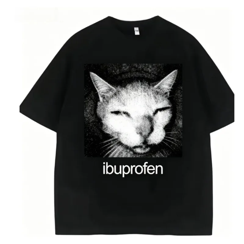 2026 Vintage Funny Ibuprofen Cat Meme Graphic T-Shirt Men Women Humor Streetwear Oversized Casual 3D Print Short Sleeve Tee Kids