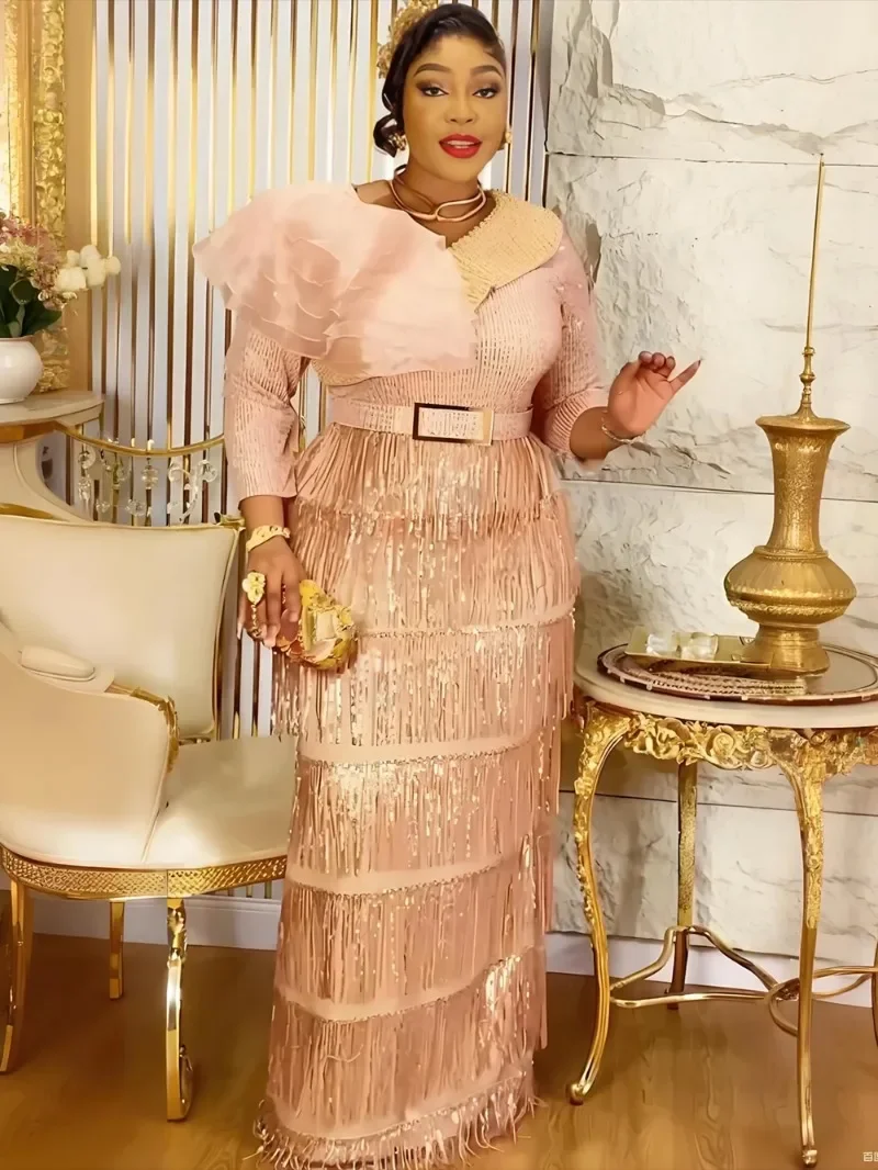 

Plus Size African Party Dresses for Women 2025 New Dashiki Tassel Sequin Wedding Evening Gown Elegant Turkey Muslim Maxi Dress