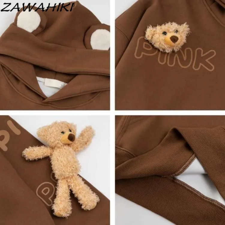 Sweats à capuche doux pour femmes avec poignées amovibles, sweat-shirt petit ours pour femmes, pulls College Kawaii, dame de bureau, décontracté