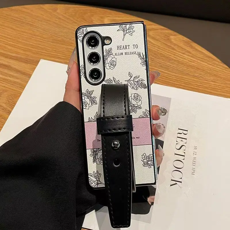 

Роскошный чехол для телефона в стиле ретро с розовым цветком и ремешком на запястье для Samsung Galaxy Z, складной чехол для 6 Z Fold 5 ZFold4 Z Fold 3, защитный чехол