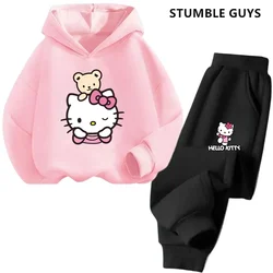 Hello Kitty Boys Girls Hoodie Trousers Set Children's Trucksuit Sweatshirt + Sweatpants Two-piece Fashion Set 3-14T Kids Suit