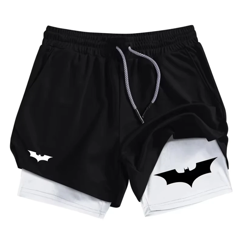 Bat Print 2 in 1 Performance Shorts for Men Athletic Breathable Quick Dry Shorts with Phone Pocket Gym Workout Running