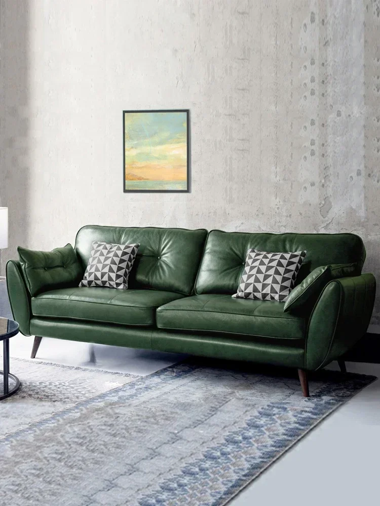 

0 Nordic Genuine Leather Sofa Small Apartment Living Room Office Clothing Store Modern Simple Dark Green Oil Wax Leather