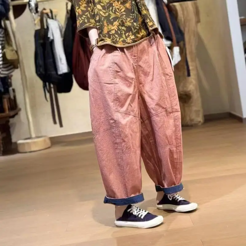 

Spring Summer Arts Style Women Elastic Waist Loose Ankle-length Pants All-matched Casual Solid Cotton Harem Pants Good Quality