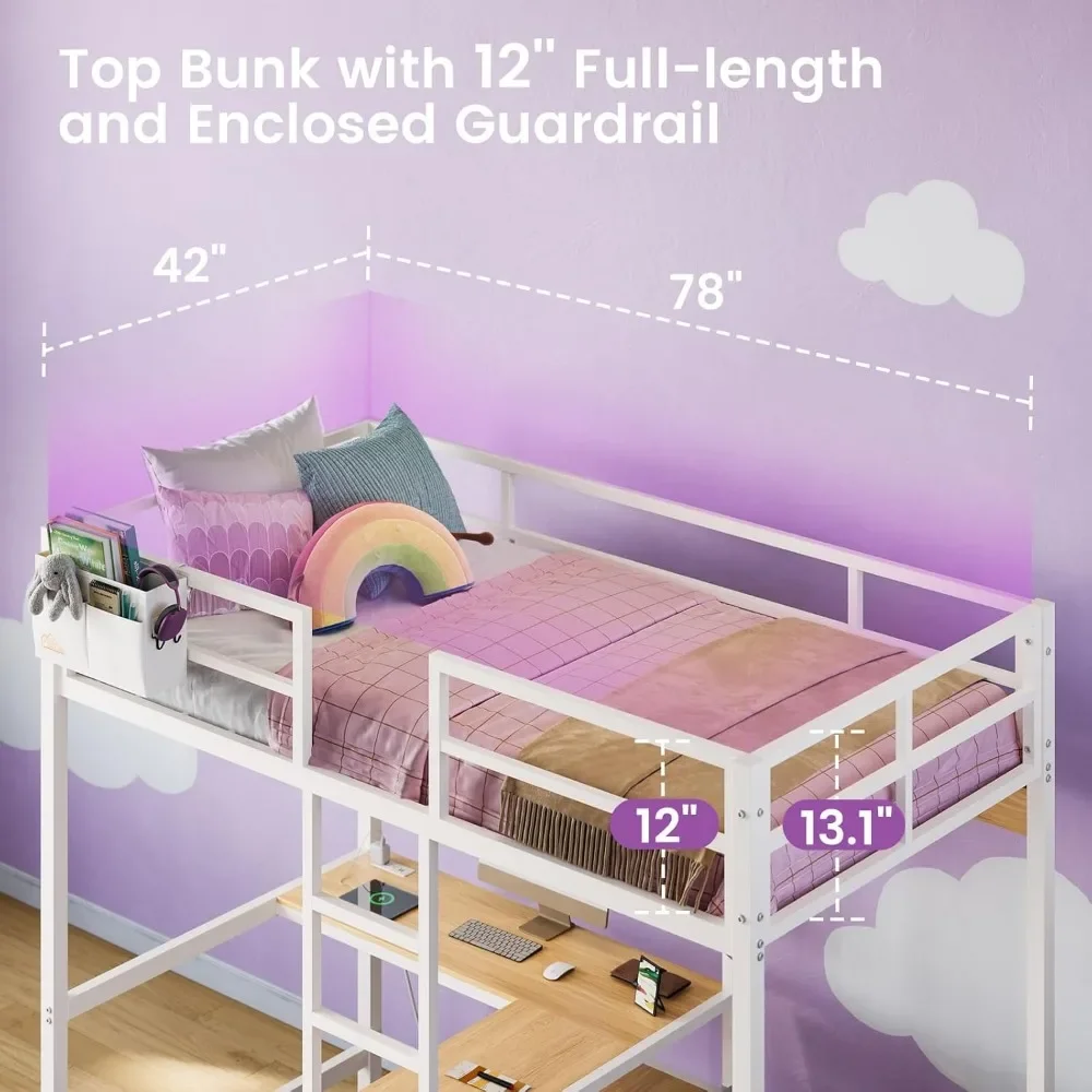 Loft Bed with L-Shaped Desk, LED Lights and Charging Station with Storage Shelves and Coat Rack with Drawers, Kids Bed