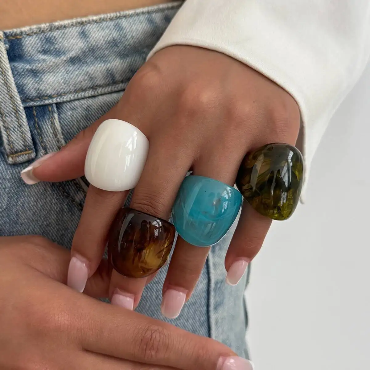 Lacteo Fashion Irregular Acrylic Resin Water Drop Chunky Finger Ring for Women Boho Smudging Oval Knuckle Rings Y2K Jewelry Gift