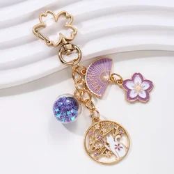 Cute Cherry Blossom Fan Rabbit Enamel Keychain Flower Animals sakura Key Ring For Women Girls Good Gift Handmade Jewelry Set