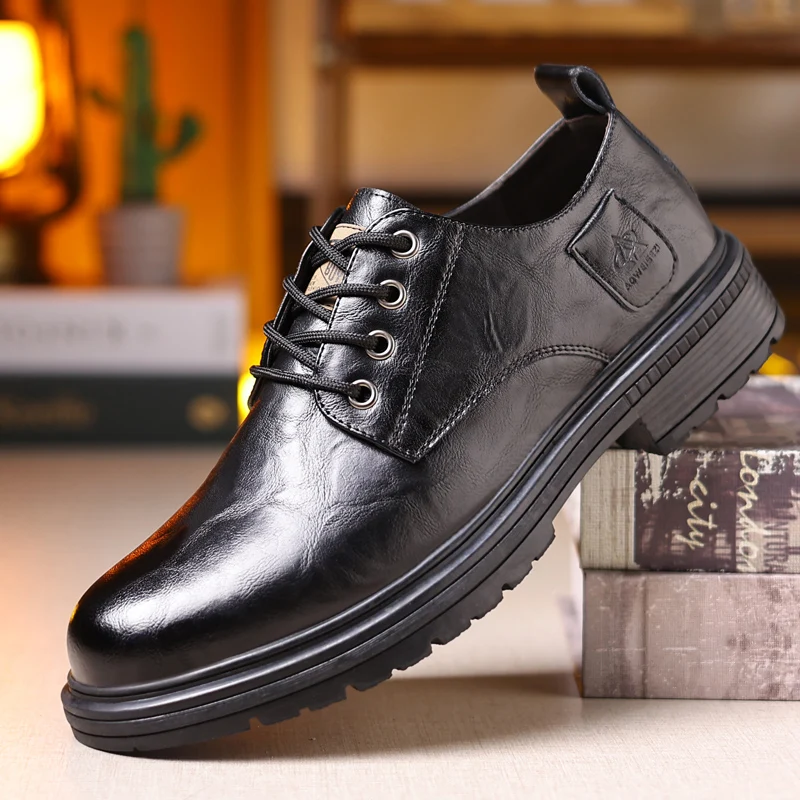

Classic Brown Thick Soled Men's Oxford Shoes Lace Up Low Cut Men's Leather Casual Shoes Retro New Work Shoes Winter Velvet