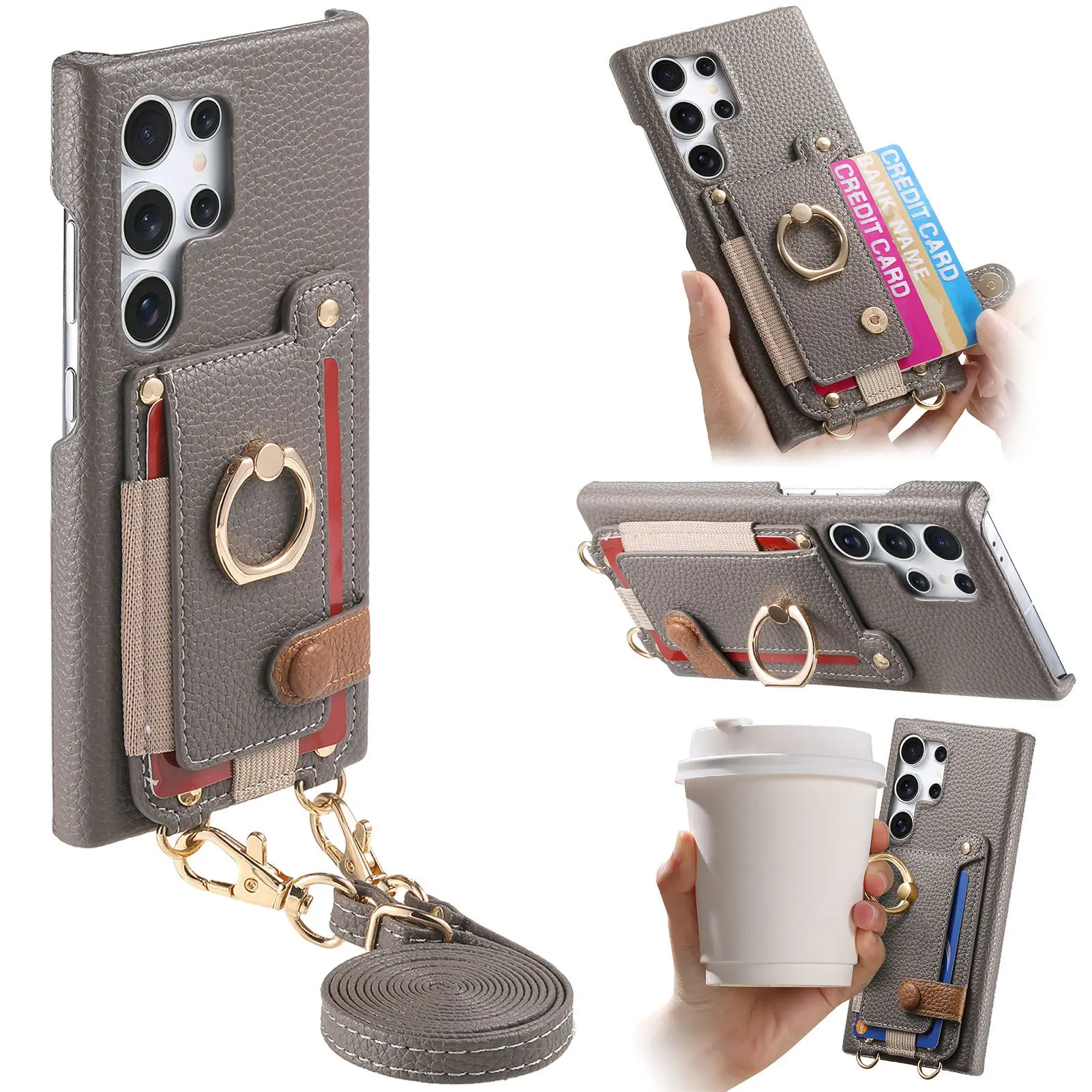 

Long Hanging Rope Crossbody Phone Case for Samsung Galaxy S25 Ultra S24 Plus S23 Fe S22 S21 S20 Card Holder Ring Leather Cover